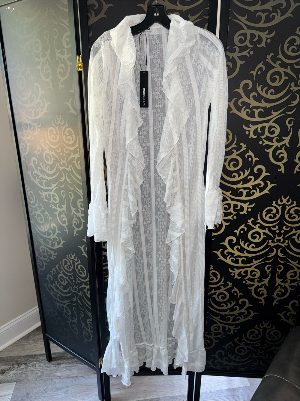 Fashion Nova White Sheer Ruffled Longline Robe